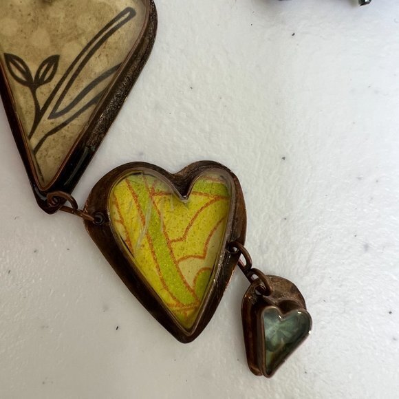 Beaded Necklace Heart Blue Chain Yellow Copper Tone Cluster Drop Dangle - Picture 7 of 9